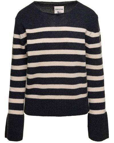Semicouture Grey Striped Sweater With Wide Crewneck And Long Sleeves In Wool Woman - Black