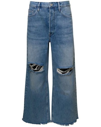 FRAME Light Blue Wide Leg Jeans With Rips On Knees In Cotton Denim