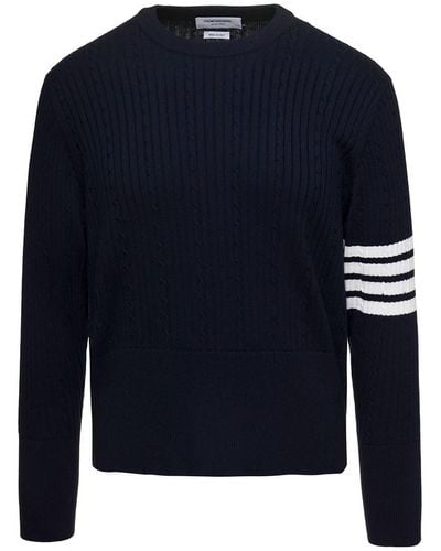 Thom Browne Cable-Knit Jumper With Signature 4 Bar Detailing - Blue
