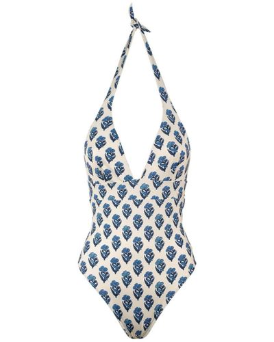 Saint Barth Marylin One-Piece Swimsuit With Jaipur Flower Print - Blue