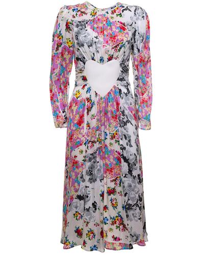 MSGM Long Floral Viscose Dress With Heart Patch - Multicolor
