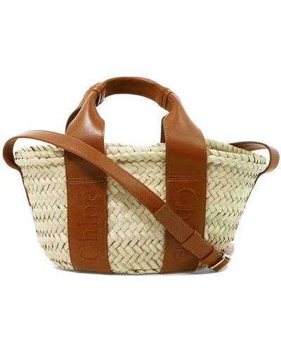 Chloé Sense Small Raffia & Leather Basket Tote - Brown