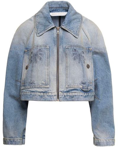 Palm Angels Paris Distressed Cropped Denim Jacket - Blue