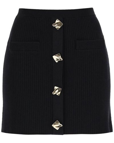 Self-Portrait Knit Mini Skirt With Golden Buttons - Black