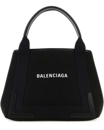 Balenciaga Navy Cabas Leather-trimmed Printed Organic Cotton-canvas Tote - Black
