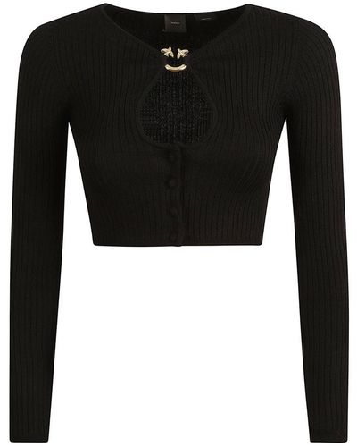 Pinko Cut-out Ribbed-knit Cropped Cardigan - Black