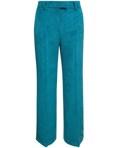 Plain Blue Pants With Concealed Fastening In Corduroy Woman