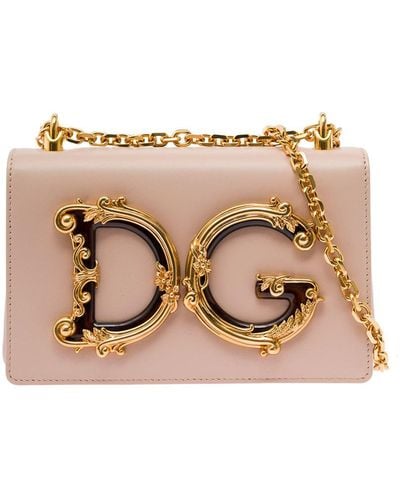 Dolce & Gabbana Barocco Ccrossbody Bag With Chain Shoulder Strap And Monogram Plate On The Front - Natural