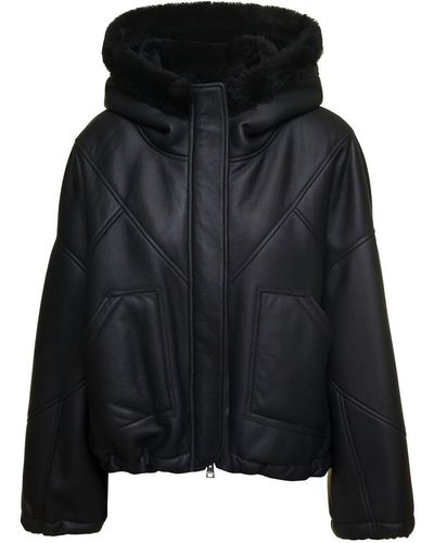 Blancha Black Cropped Hooded Shearling Jacket In Merino Woman