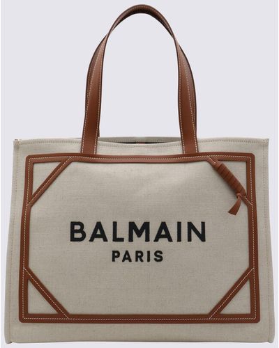 Balmain Natural Canvas And Brown Leather B-army Medium Tote Bag