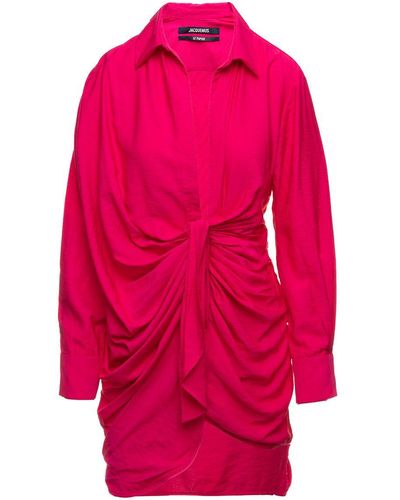 Jacquemus 'La Robe Bahia' Fuchsia Short Draped Shirt Dress - Pink
