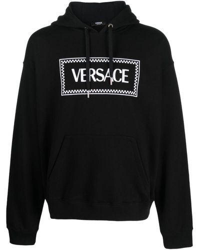 Versace Hoodie With Contrasting Logo Lettering Print In Cotton - Black
