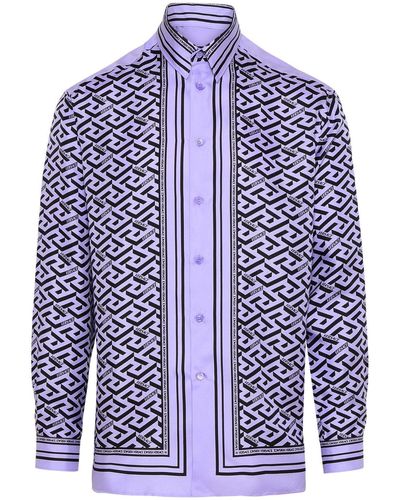 Versace Purple Silk Greca Pattern Shirt