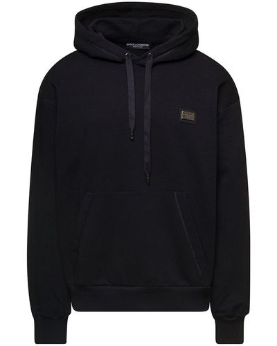 Dolce & Gabbana Hoodie With Plated Logo On The Chest In Cotton Man - Black