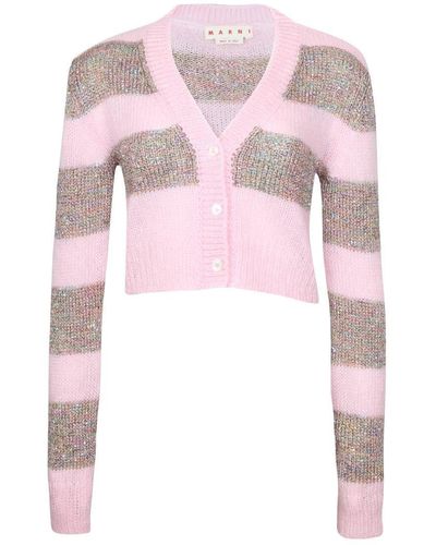 Marni Cropped Cardigan In Striped Wool Blend - Pink