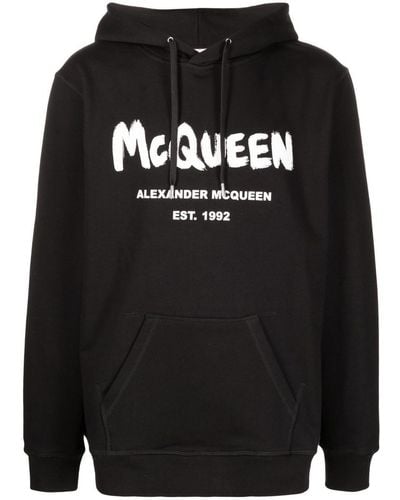 Alexander McQueen Men's Graffiti Hooded Sweatshirt In Black/white