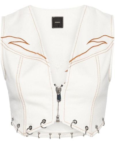 Pinko Dracula Cotton Vest With Contrast Embroideries And Rings - White