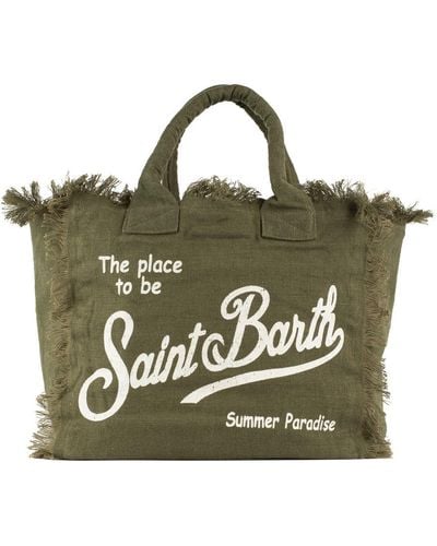 Saint Barth Military Linen Vanity Tote Bag With Embroidery - Green