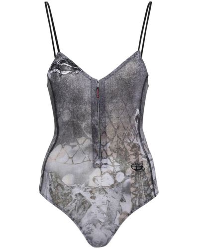 DIESEL T-Lye-N1 Strappy Bodysuit With Abstract Print - Gray