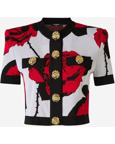 Balmain Floral Motif Knitted Top - Red