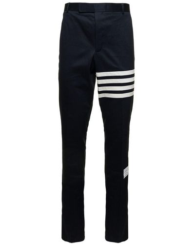Thom Browne Navy Blue Pants With 4 Bar Detail In Cotton Man