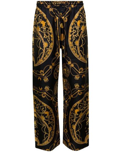 Marine Serre Black Loose Trousers With All-over Graphic Print In Silk Man
