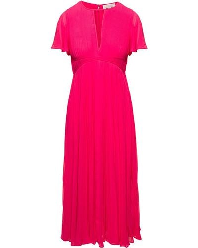 Michael Kors Fuchsia Empire-style Midi Dress In Pleated Fabric - Pink