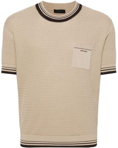 Prada Embroidered-logo Knitted T-shirt - Natural