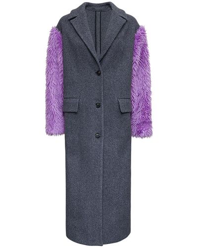MSGM Wool Blend Long Coat With Purple Synthetic Fur Long Sleeves - Blue