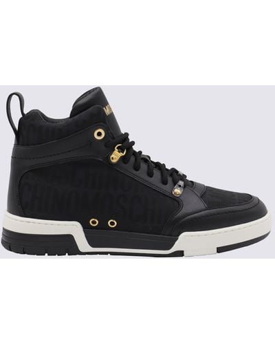 Moschino Black Leather And Canvas Monogram Jacquard High Top Trainers