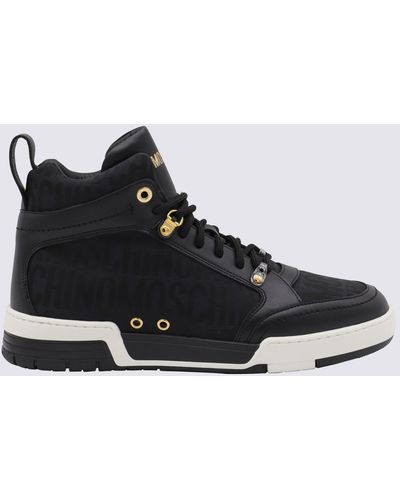 Moschino Black Leather And Canvas Monogram Jacquard High Top Sneakers