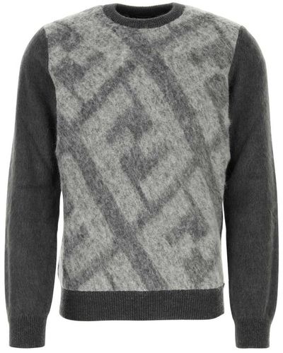 Fendi Embroidered Wool Blend Sweater - Gray