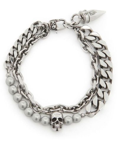 Alexander McQueen Bracelet With Pearls And Skull Studs - Metallic