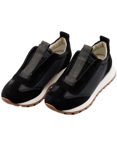Brunello Cucinelli Runner Shoe In Suede And Taffeta Embellished With Threads Of Brilliant Monili - Black