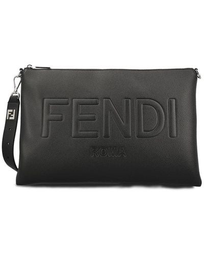 Fendi Logo Detailed Zipped Clutch Bag - Black
