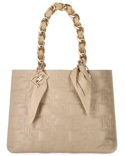 Elisabetta Franchi Shopping Bag With Chain Foulard Scarf - Natural