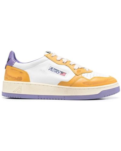 Autry Color-block Yellow And Purple 'medalist' Low Top Sneakers In Cow Leather