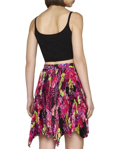 Versace Asymmetric Pleated Mini-Skirt With Logo Orchid Print - Black