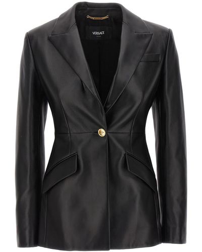 Versace Single-breasted Leather Blazer Jackets - Black