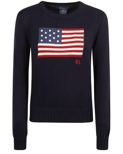 Ralph Lauren Cotton Sweater With Flag Intarsia - Blue