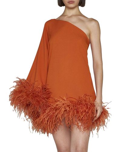 ‎Taller Marmo Piccolo Ubud One-Shoulder Feather-Trimmed Crepe Mini Dress - Orange