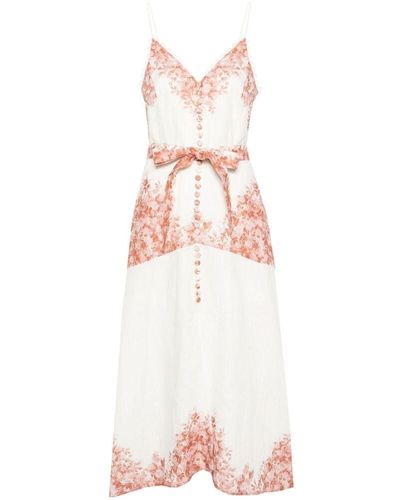 Twin Set Linen Midi Dress With Asymmetric Floral Hem - Pink