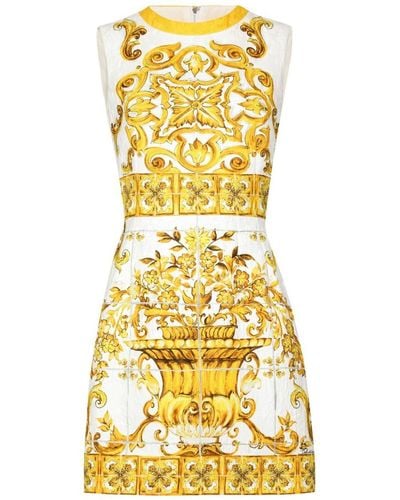 Dolce & Gabbana Maiolica Print Cotton Mini Dress - Yellow