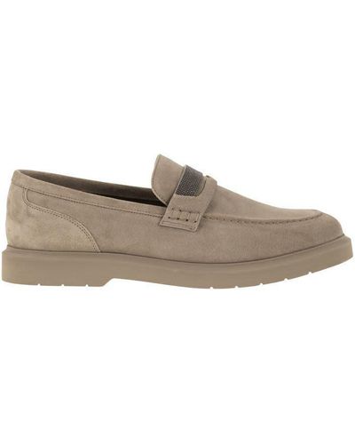 Brunello Cucinelli Suede Penny Loafer With Jewelry - Natural
