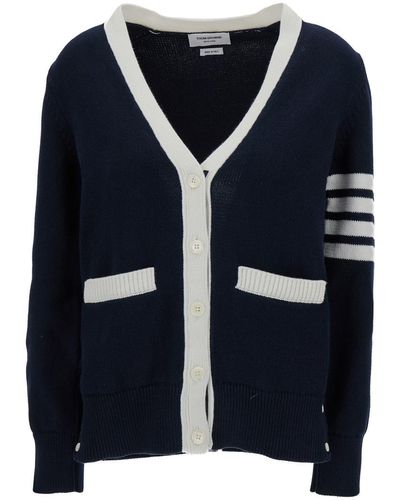 Thom Browne 'Hector Icon' Cardigan With Jacquard Motif And 4Bar Detail - Blue