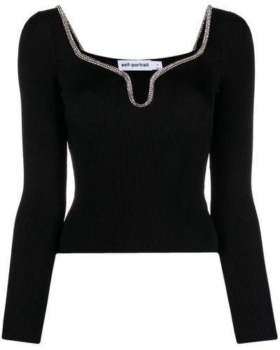 Self-Portrait Ribbed Sweater With Decoration - Black