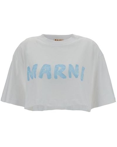 Marni White Cropped T-shirt With Logo Print In Cotton Woman - Blue