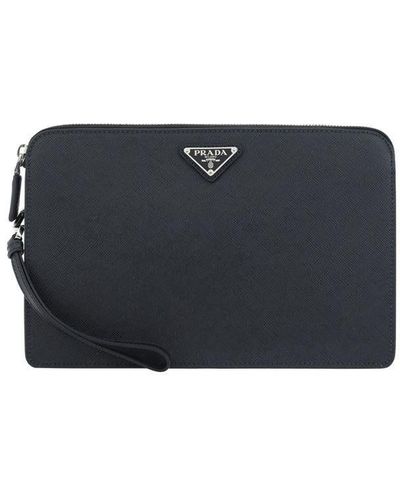 Prada Black Tessuto Nylon Pouch Wristlet Clutch Silver Prada Logo 1nh545