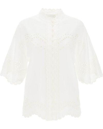 Zimmermann Junie Tunic Shirt With Cutwork Embroideries - White
