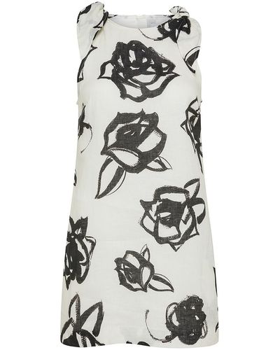 MSGM Short Linen Dress With Rose Print - Gray